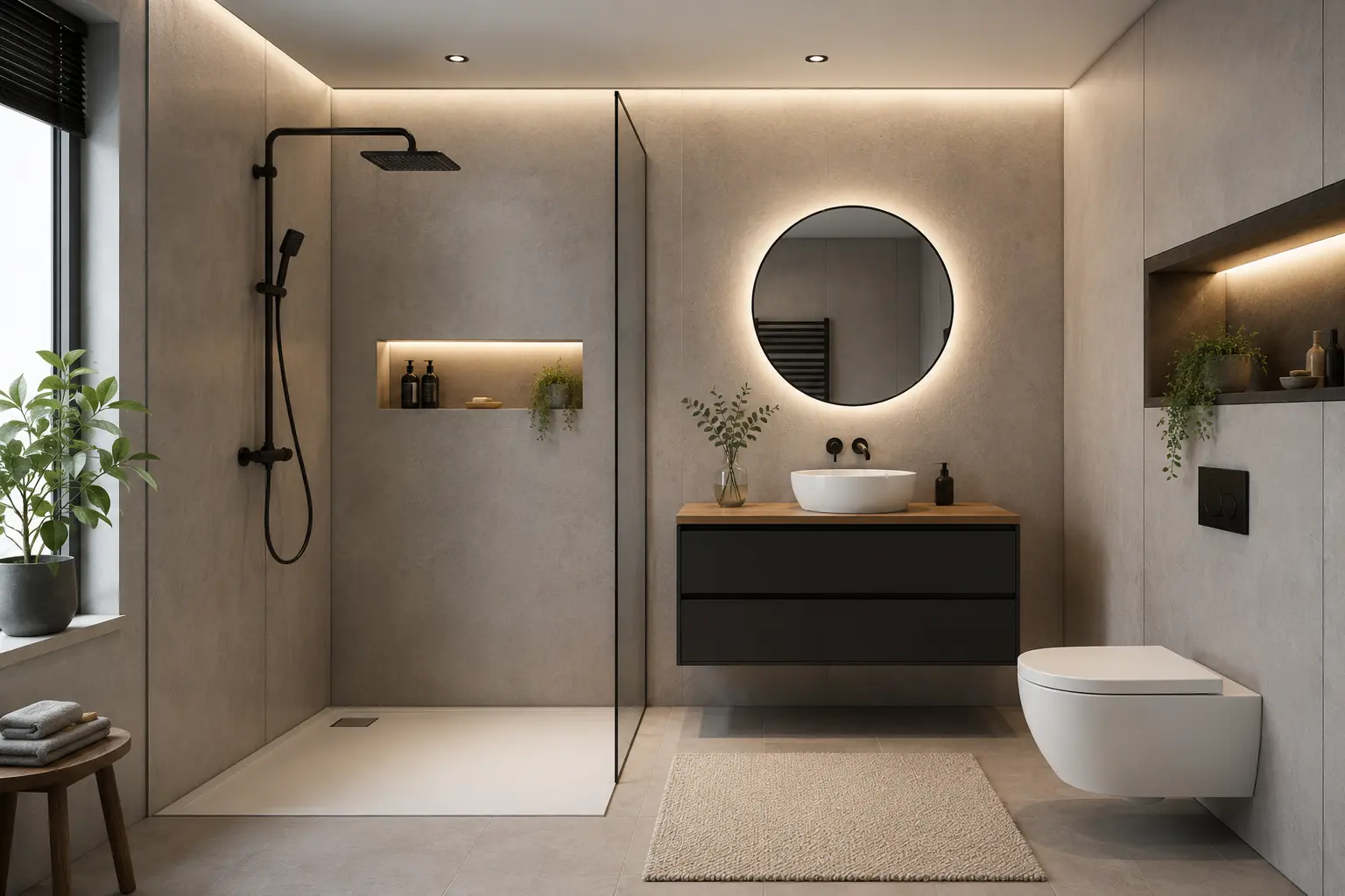 Badezimmer mit Badpaneel in Betonoptik